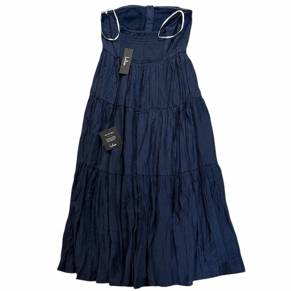 LULUS Women Small Sweetness Sunshine Navy Strapless Midi Fit Flare Pockets Dress - Picture 15 of 15